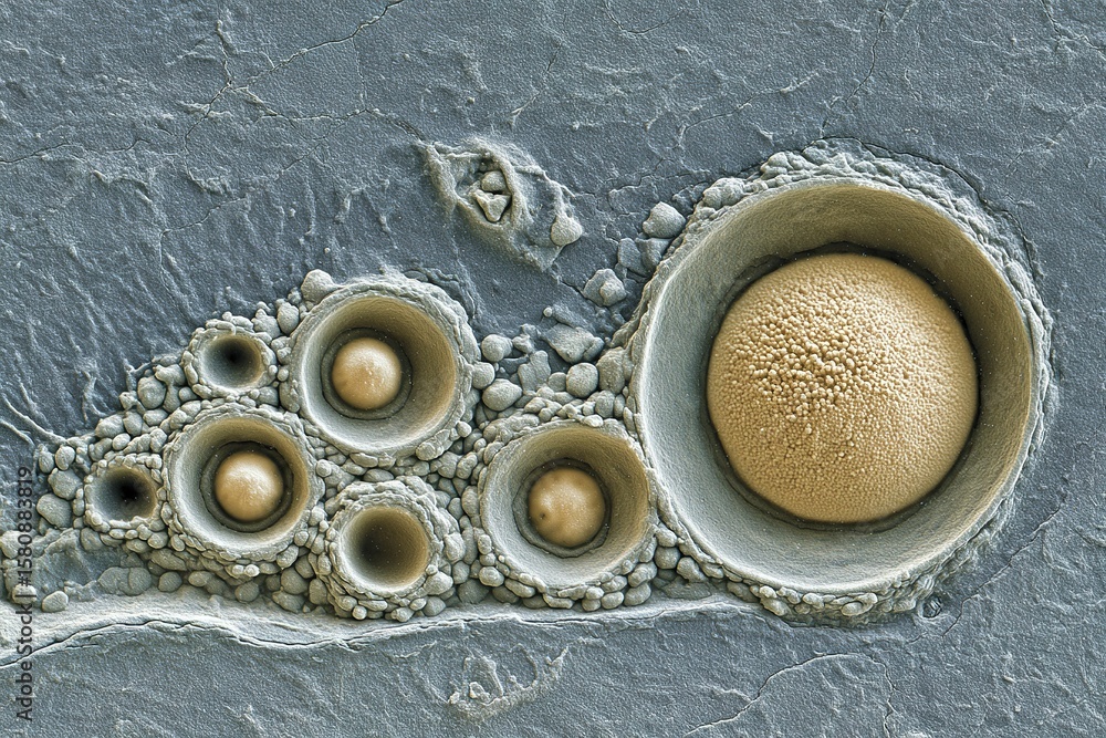 Poster detailed view of microscopic structures resembling bubbles and spores under high magnification