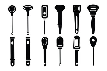 A collection of black silhouettes of various kitchen utensils and tools displayed against a white background