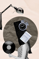 Pop art zine collage of anonym businesswoman businessman instead head office supplies keypad calculator clock deadline workload