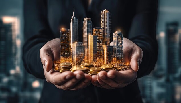 Hands holding a miniature city model over gold coins - Powered by Adobe