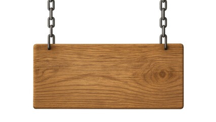 Wooden sign held up with a Chains. Transparent wooden sign. Wooden sign