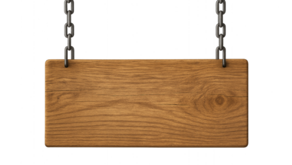 Wooden sign held up with a Chains. Transparent wooden sign. Wooden sign