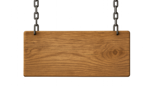 Wooden sign held up with a Chains. Transparent wooden sign. Wooden sign