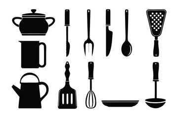 Collection of essential kitchen utensils and cookware depicted as black silhouettes on a white background for versatile design use
