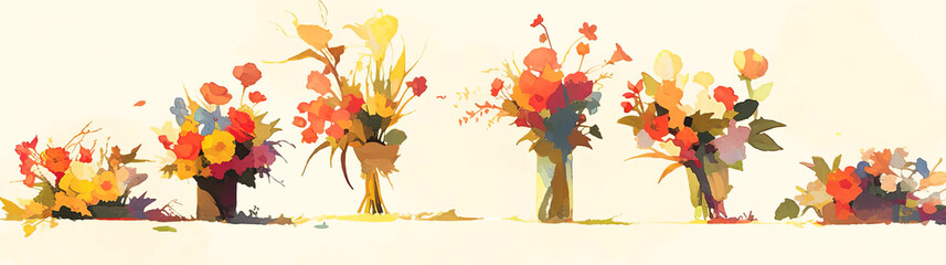 Colorful watercolor illustration of various flower arrangements in vases, showcasing vibrant blooms and lush greenery, perfect for decorative purposes and floral design inspiration