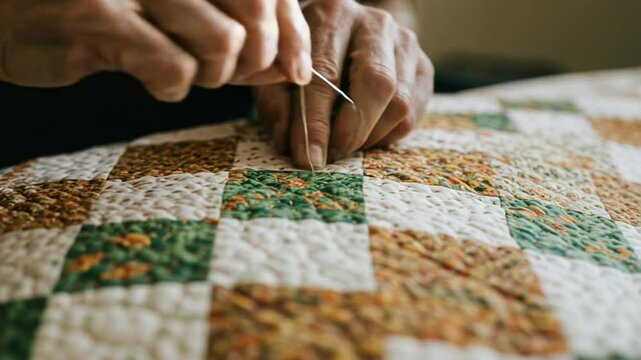 Close-up of hands carefully sewing a colorful patchwork quilt, focusing on artisanal craftsmanship