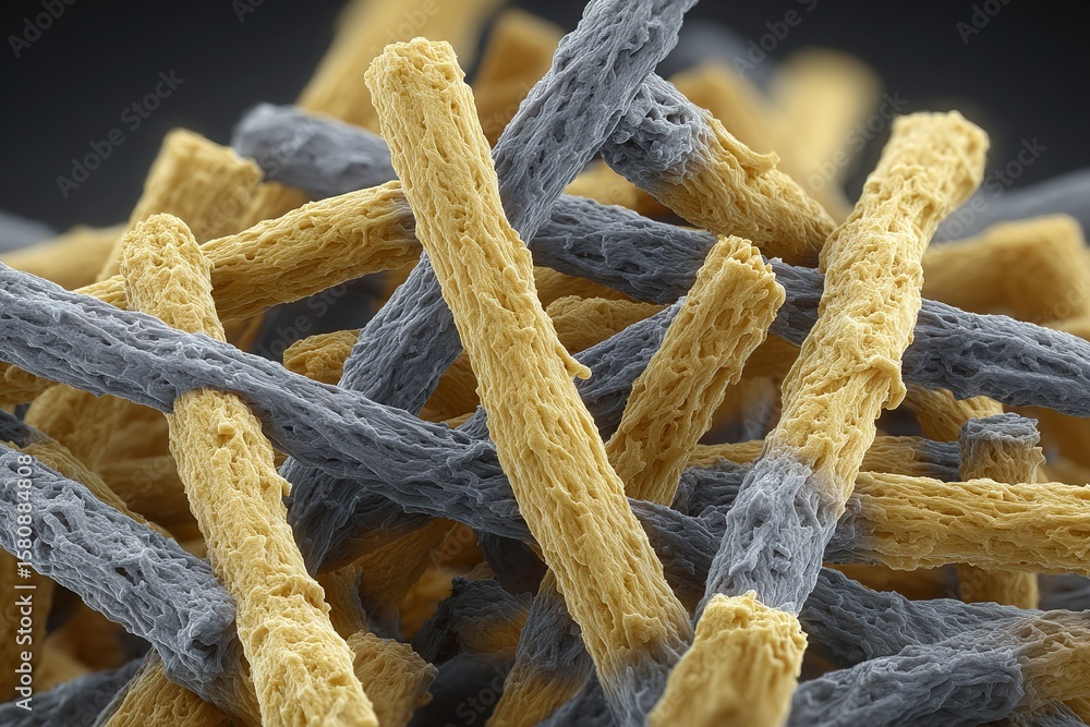 Poster close-up view of intricate strands showcasing texture and color variation in synthetic materials