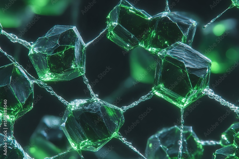 Poster microscopic view of green crystal structure showcasing intricate molecular connections in a laborato
