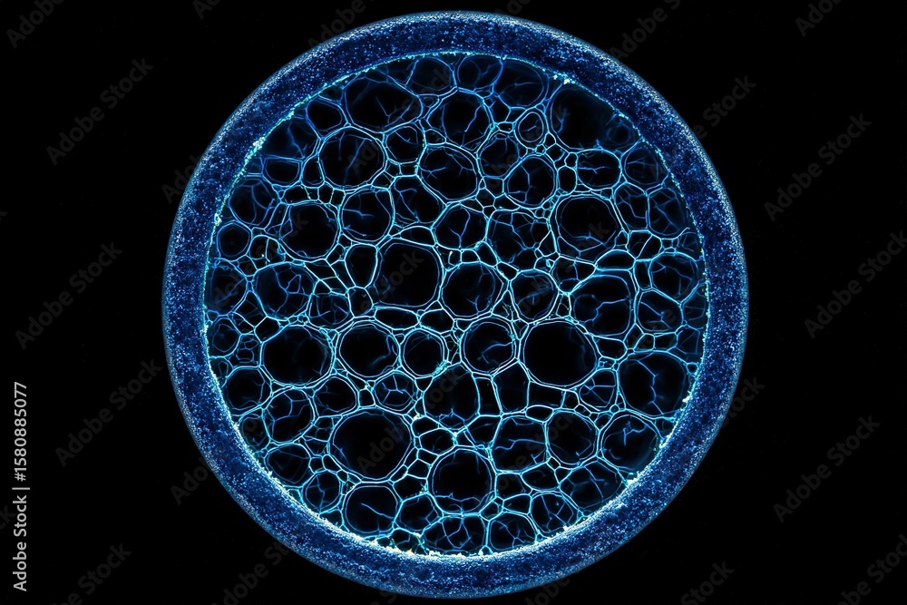 Poster unique abstract pattern of blue bubbles observed under a microscope showcasing intricate designs and
