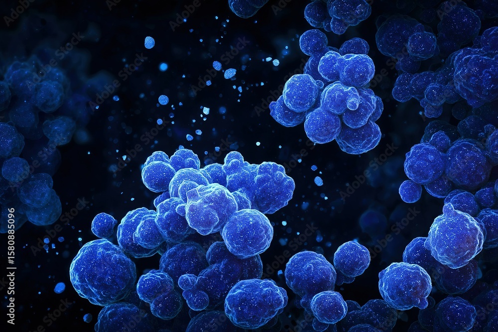 Poster blue microscopic structures floating in a dark environment show cellular activity and intricate deta
