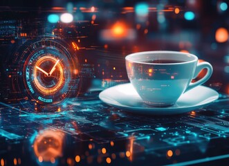 Coffee cup with digital clock overlay, representing time management and efficiency.
