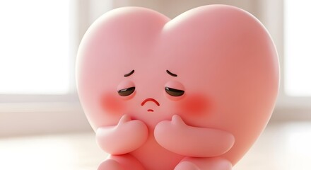 A pink heart-shaped character with a sad expression, red cheeks, and hands clasped in front, sitting near a window.