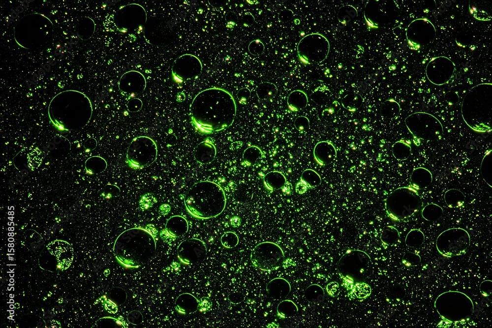 Poster colorful green bubbles floating on a dark surface create a mesmerizing visual effect in an abstract 