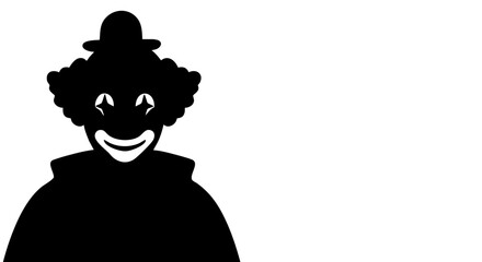 A silhouette of a clown, rendered in stark black and white, exudes an eerie yet playful vibe. 