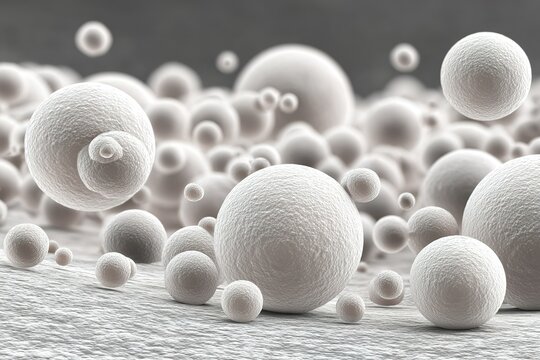 Detailed view of white spherical particles in a scientific setting showcasing their arrangement and size variations under microscopic observation
