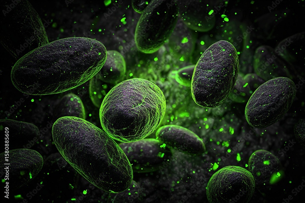 Poster microorganisms exhibiting luminescent properties in a dark environment captured at a microscopic lev