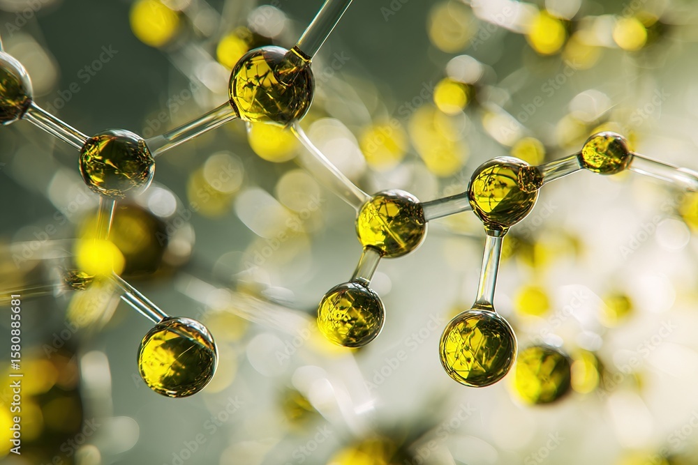 Poster exploring molecular structure with yellow glowing spheres and transparent links against a soft backg