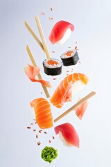 Fresh Sushi Pieces Floating in Mid-Air with Chopsticks and Condiments
