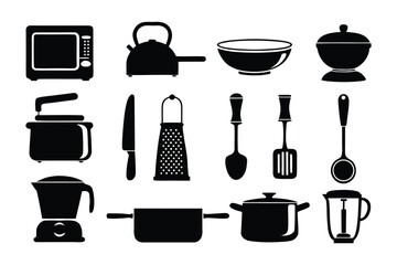 Collection of black silhouette kitchen appliances and utensils including a microwave kettle bowl grater and various cooking tools