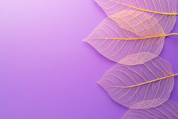 Delicate skeleton leaves with yellow veins arranged over violet gradient background. Stylish botanical minimal composition. For eco branding, packaging design, nature-themed visuals, wellness concepts