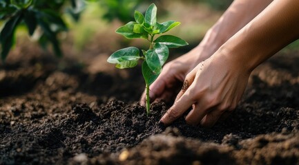 Hands planting a young sapling in dark soil
