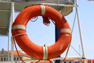 Lifebuoy on the boat. Selective focus.