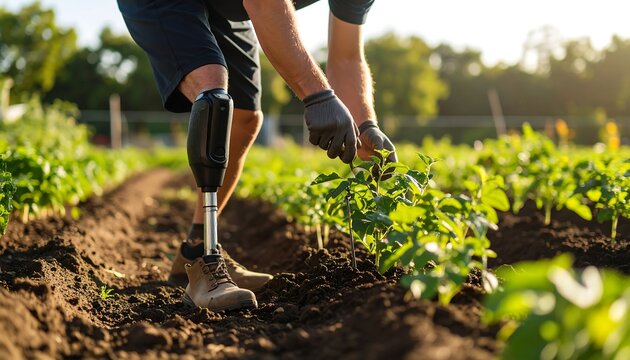 Person with prosthetic leg tending to tomato plants