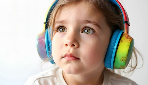 Autistic Child Girl with Headphones Looking Around Video Footage Scene Highlighting Neurodiversity and Curiosity