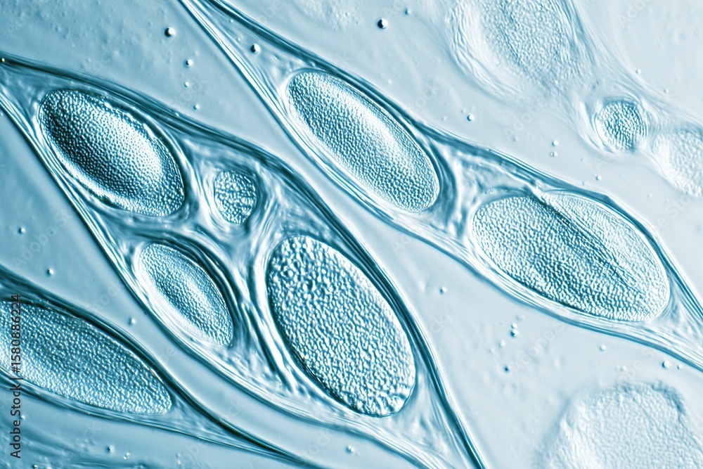 Poster magnified view of biological cells showcasing diverse shapes and structures in a laboratory setting