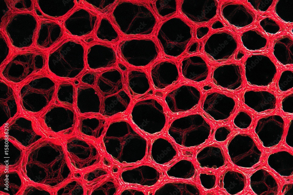 Poster detailed view of interconnected cell structures showcasing vibrant red patterns and black background