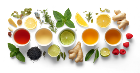 Variety of tea with herbs, fruits and spices displayed on white background