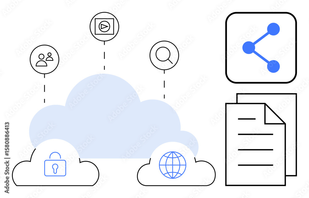 Poster cloud with global symbol, secure padlock, and file sharing icons. dashed lines connect multiple elem
