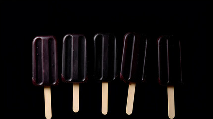 Black fruit popsicles with wooden sticks in deep shadows on pure black backdrop create striking contrast