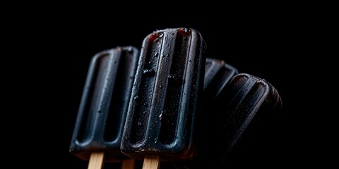 Elegant black ice pops served on wooden sticks, refreshing stylish popsicles on deep black background