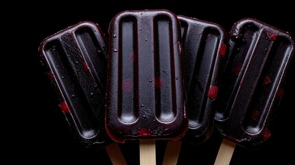 Close-up of vibrant berry popsicles arranged neatly against a stark black background