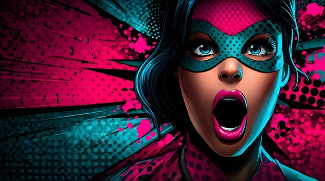 Superheldin im Pop-Art Stil mit Maske in dramatischer Szene
