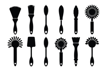 A collection of black silhouettes of various brushes and utensils on a white background