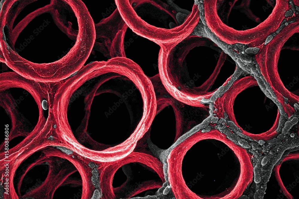 Poster microscopic view of red blood cells revealing their structure and arrangement under high magnificati