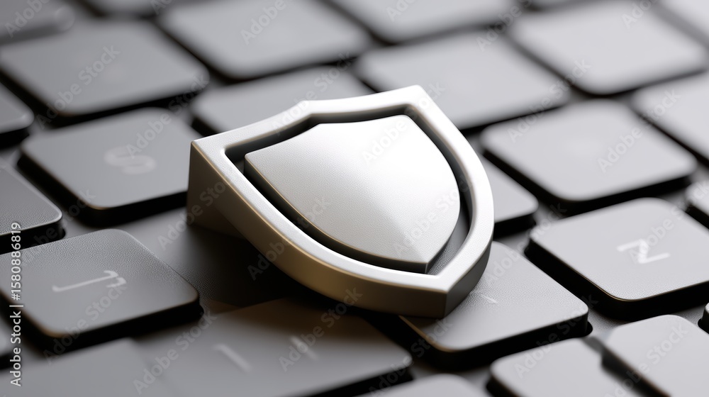 Poster cybersecurity shield protecting data on keyboard, enhanced security and privacy white