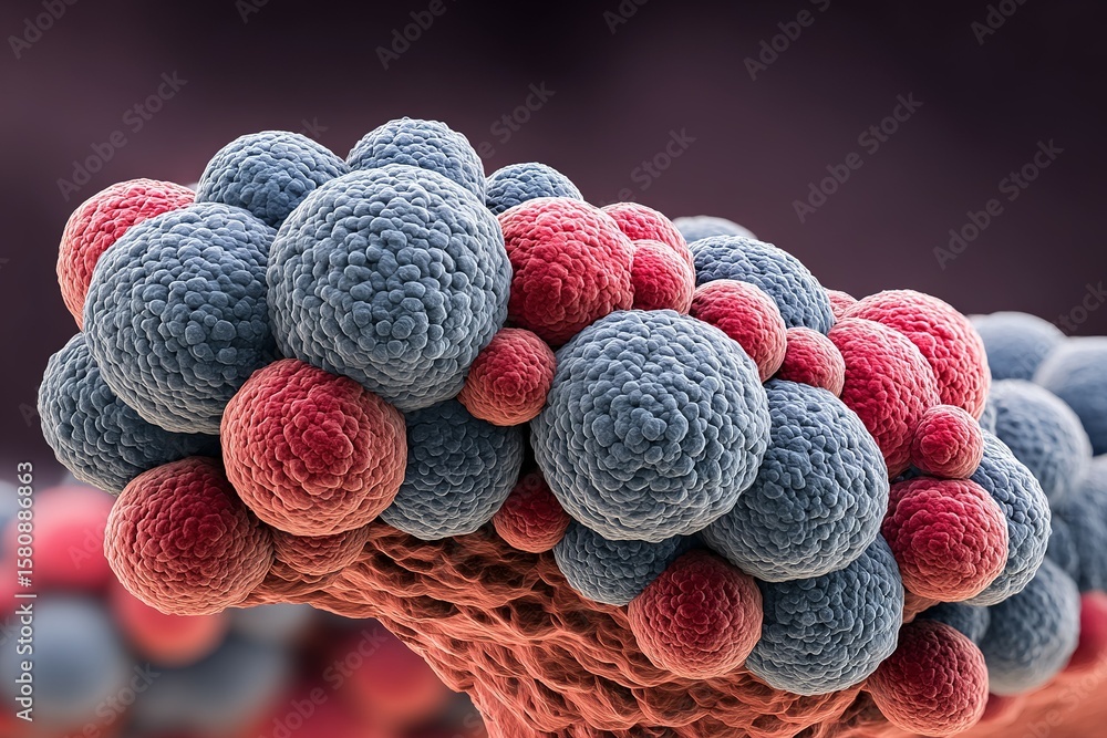 Poster microscopic view of colorful clusters of cells showcasing biological structures and interactions