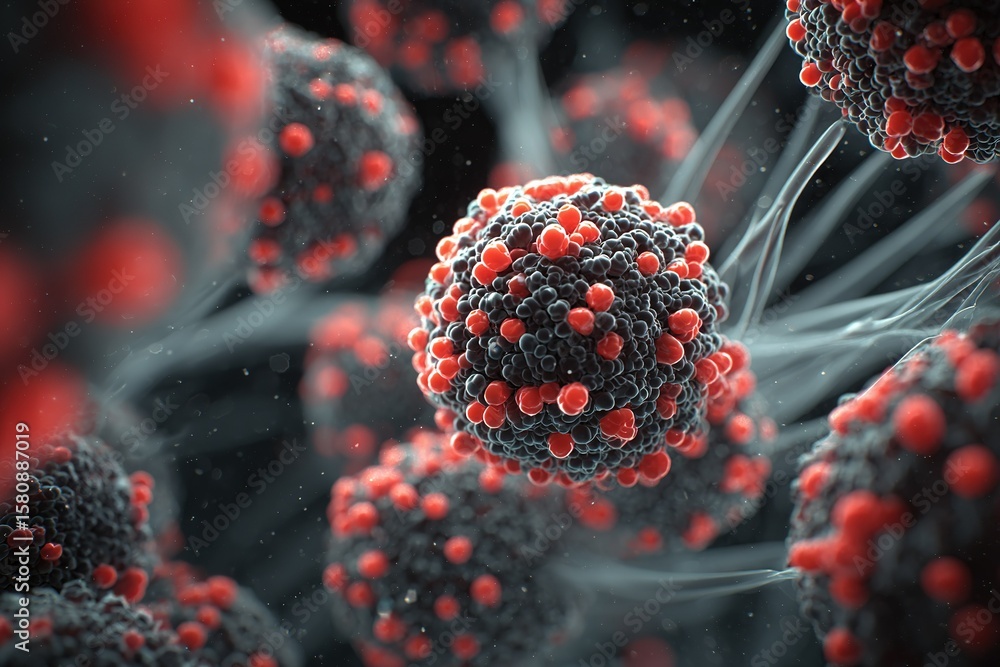 Poster close-up depiction of viral particles showcasing structure and detail in a microscopic setting durin
