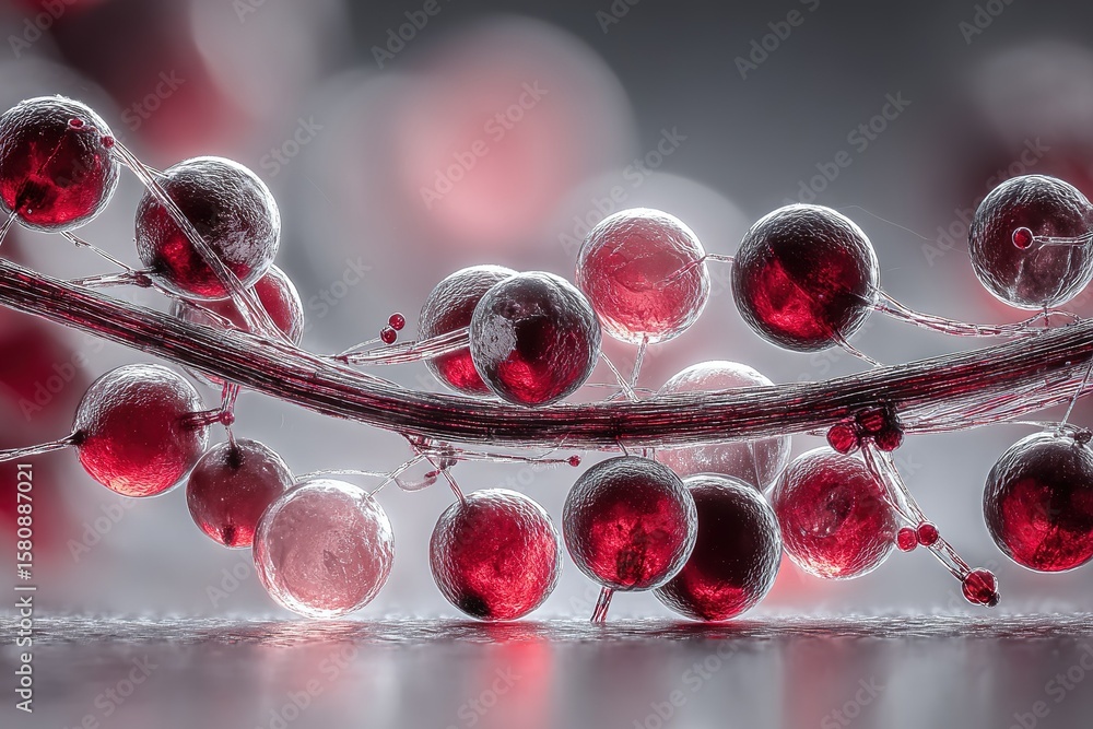 Poster intricate arrangement of translucent red spheres connected by thin strands in a creative artistic di