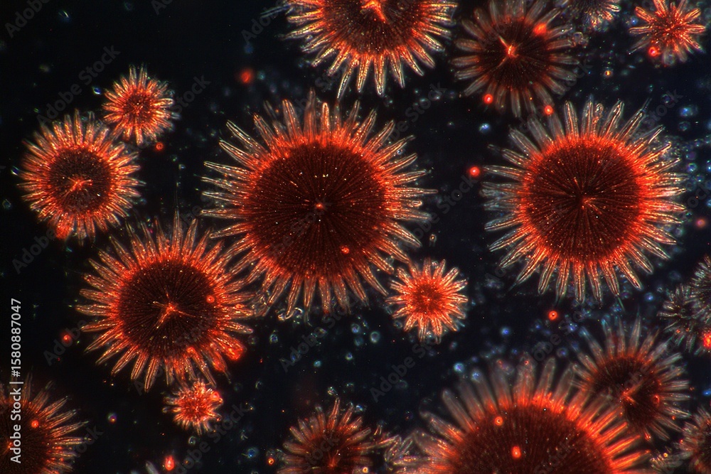 Poster microscopic organisms glowing in vibrant colors observed under a microscope in a dark background