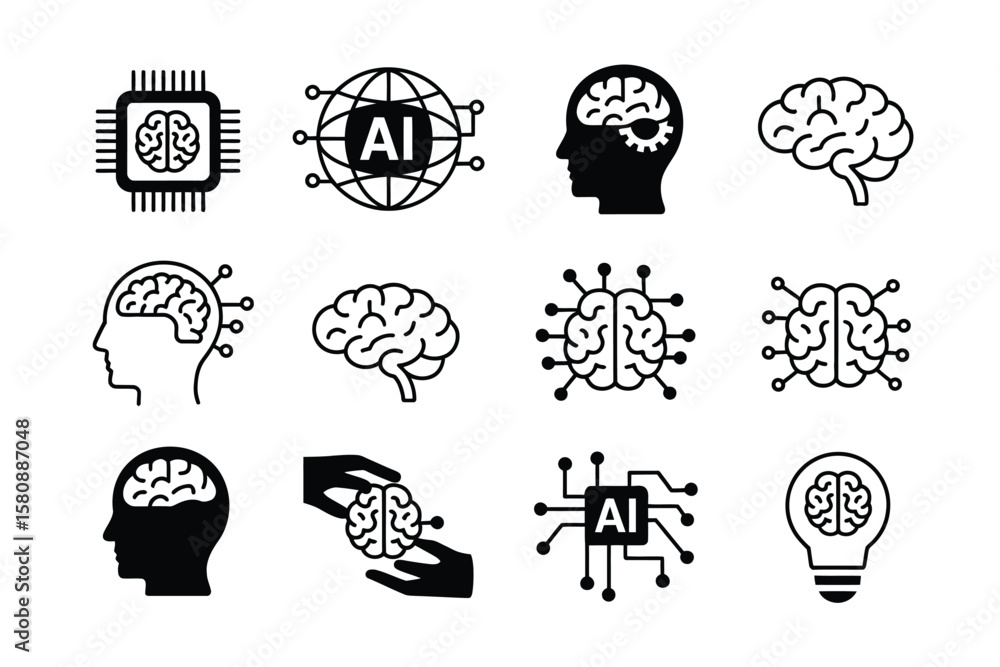 Poster ai icons including brain graphics, robot heads, neural networks, and circuit chips ideal for technol