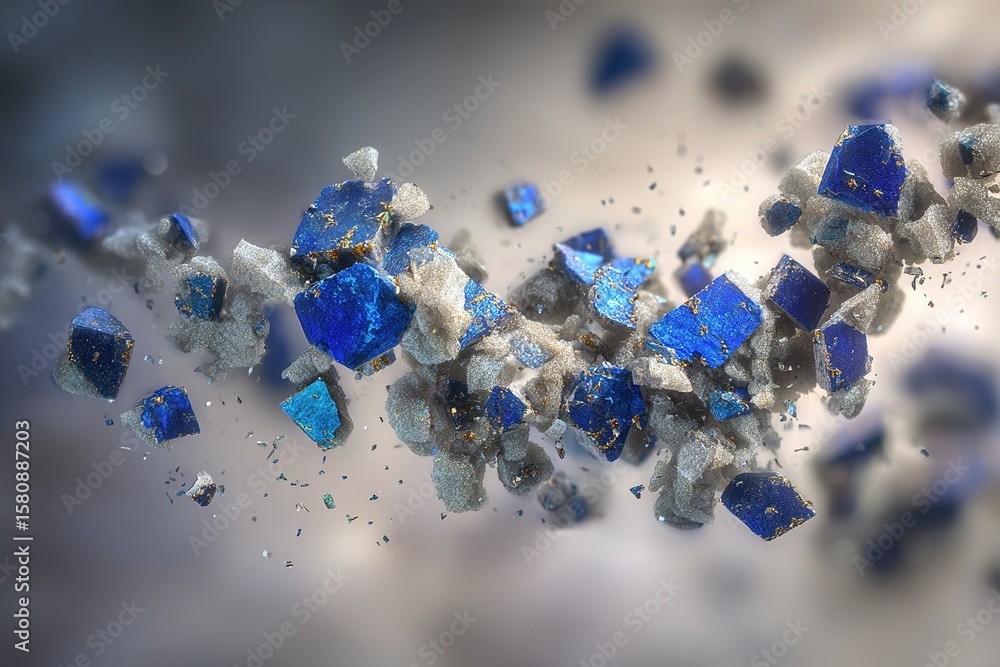 Poster vivid blue mineral crystals scatter in a dynamic display with shimmering particles and a blurred bac