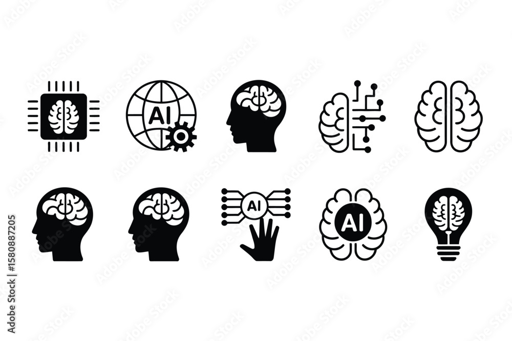 Poster artificial intelligence icon set featuring brain, ai chip, robot head, neural network, and machine l