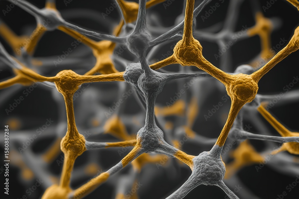 Poster microscopic view of interconnected neural networks with orange and grey nodes in a scientific labora
