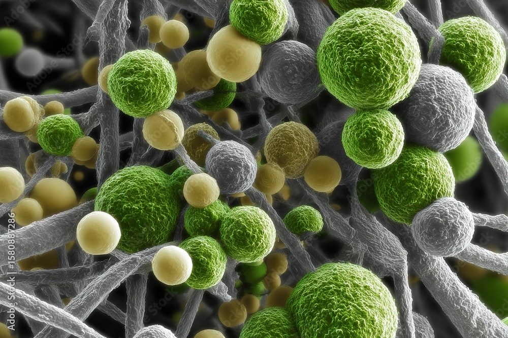Poster intricate view of microorganisms interacting within a complex network under a microscope in a labora