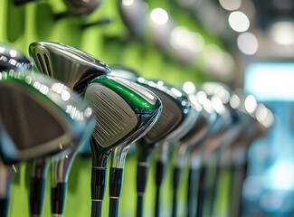 Close-up of various golf club heads displayed on a green wall in a store.