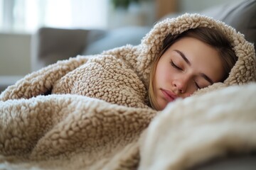 Peaceful woman napping on couch with blanket